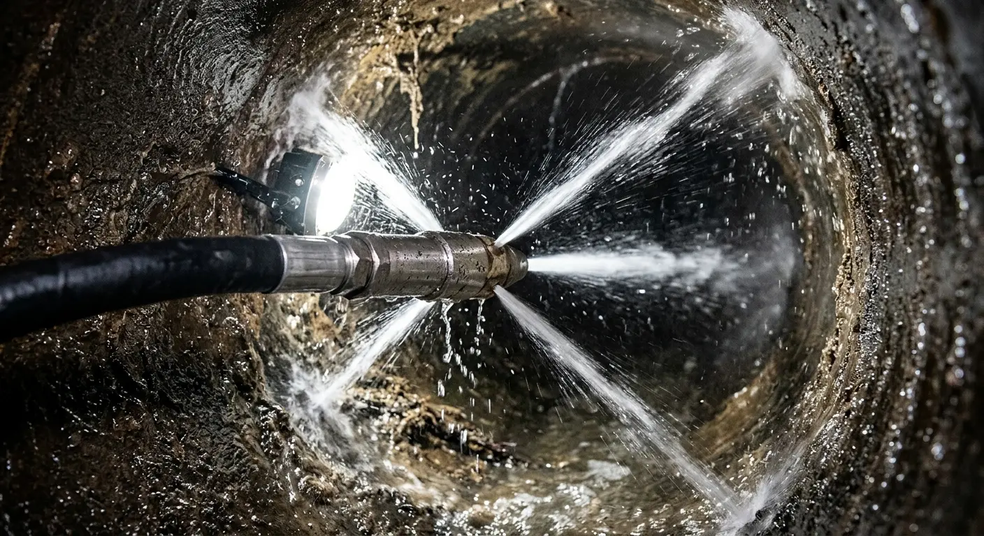 High-pressure hydro jetting nozzle cleaning sewer pipe for Emergency Drain Service in Fenton