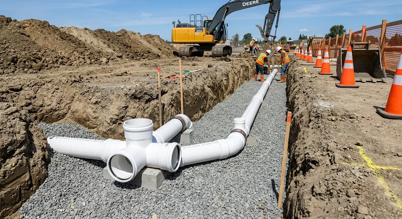 New PVC sewer pipe installation in open trench for Sewer Backup in Fenton