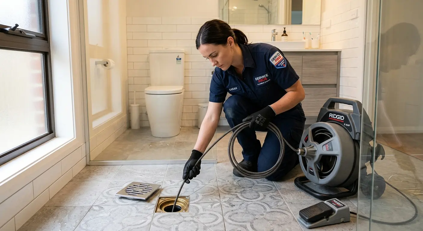 Technician clearing a bathroom floor drain for Drain Cleaning in Fenton